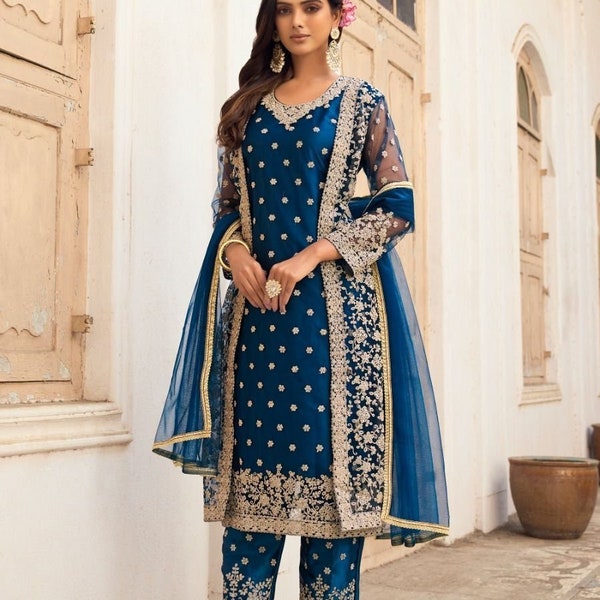 Amazing Designer Blue Trouser Pant Suit Readymade Party Wear Shalwar Kameez Indian Wedding Wear Salwar Suit Plazzo Style Festival Dresses