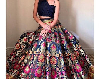 Soie Banarasi Lehenga Choli pour femme tenue de soirée de créateur noire Ghagra Chol tenue de réception de mariage indien Lahnga Choli demoiselles d'honneur Lengha