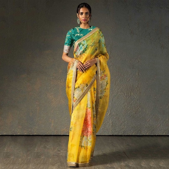 Yellow Floral Printed Bollywood Saree Party Wear Indian Pakistani Designer Sari 