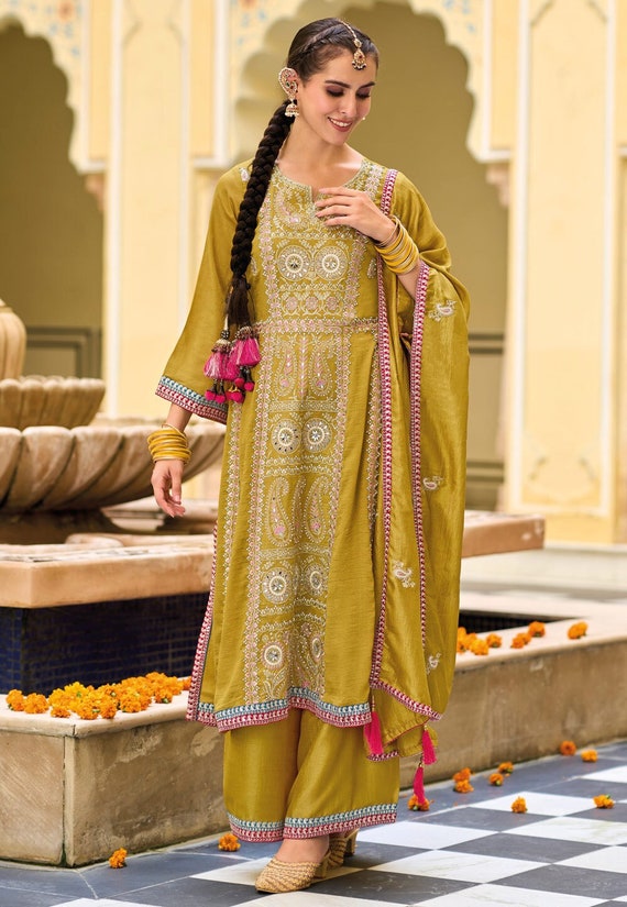 Buy Party Wear Yellow Embroidery Work Premium Silk Readymade Salwar Suit  Online From Surat Wholesale Shop.