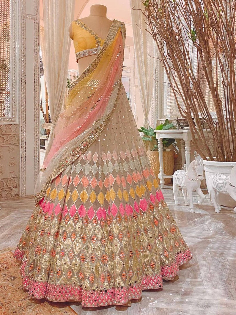 Wedding lehenga Choli For Women Designer Multi Colored Bollywood lahanga choli,Indian Bridal lehengas,Foil Mirror Work Ghagra choli Dress image 6