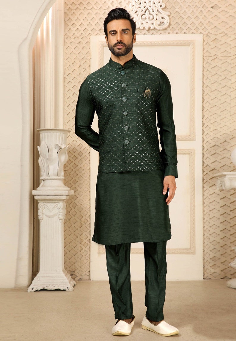 Mens Kurta Pajama Indian Wedding Party Wear Embroidery Kurtas, Festive Wear Gift Kurta South Asian Traditional Wear Kurtas,Reception Wear image 1