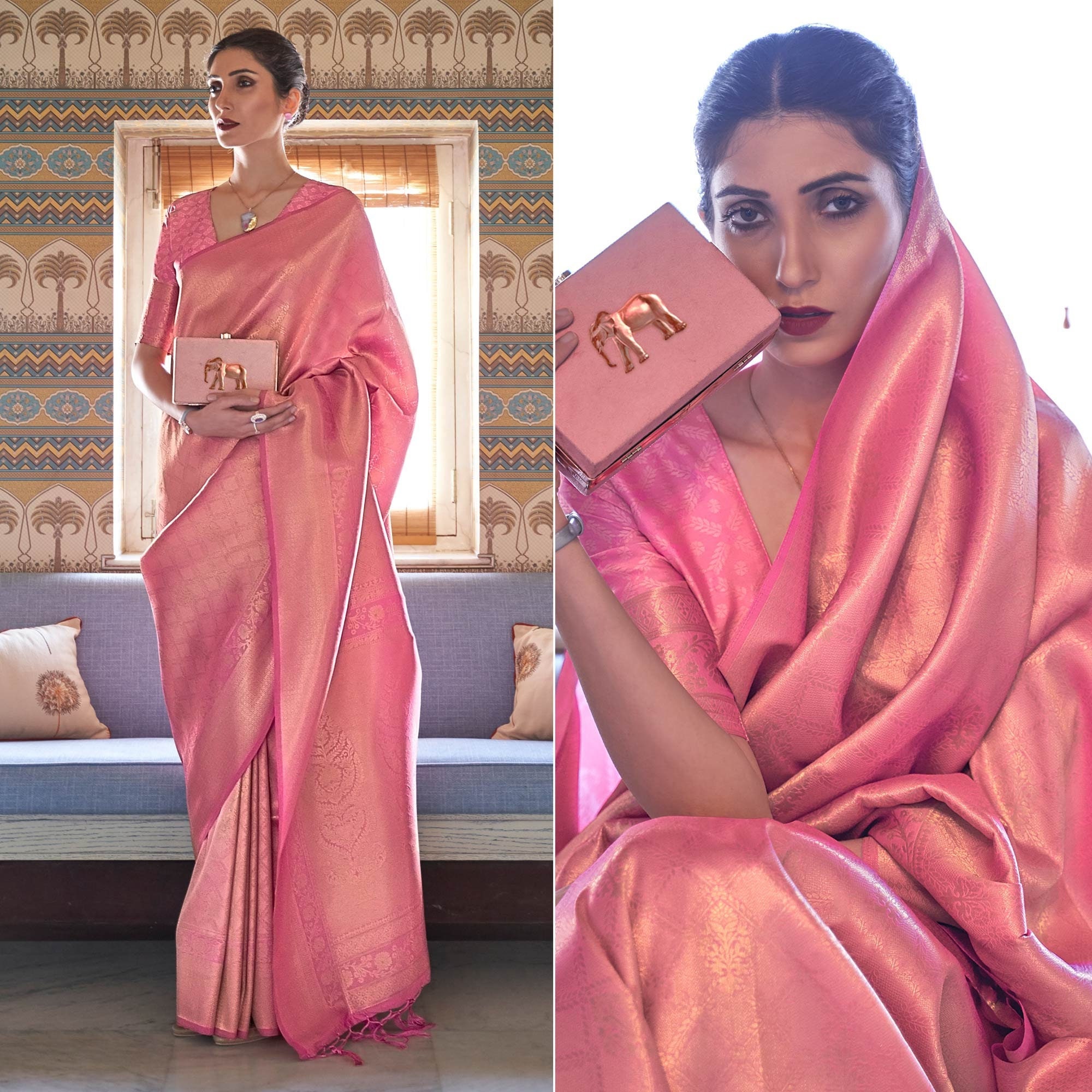 Pink Kanjivaram Silk Saree for Women Indian Wedding Party Wear - Etsy UK