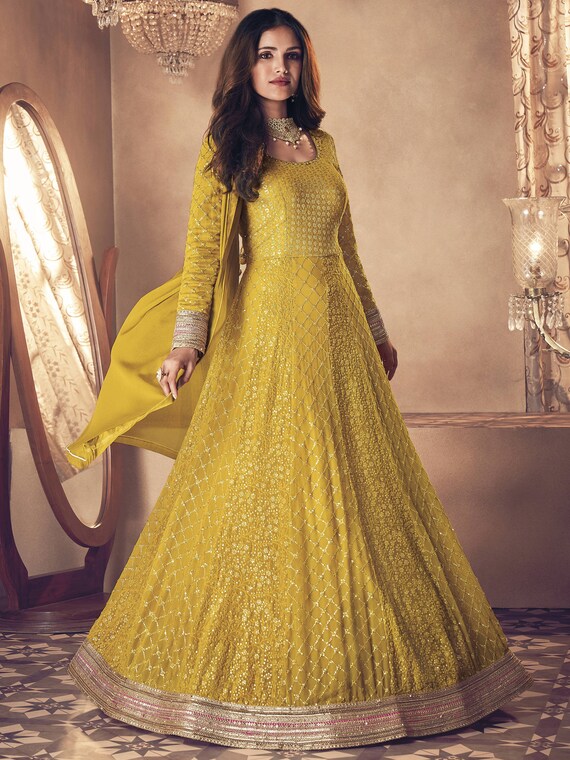 Shop Dark Pink Georgette Embroidered Yellow Net Gown Festive Wear Online at  Best Price | Cbazaar