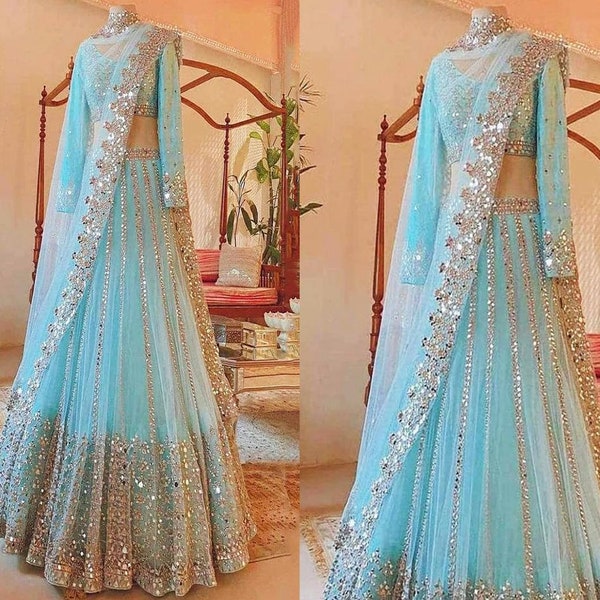 Hemelsblauw lehenga choli voor vrouwen, Folie Spiegel Werk feestkleding Bollywood Designer bruiloft bruidskleding lahanga choli, lengha blouse dupatta