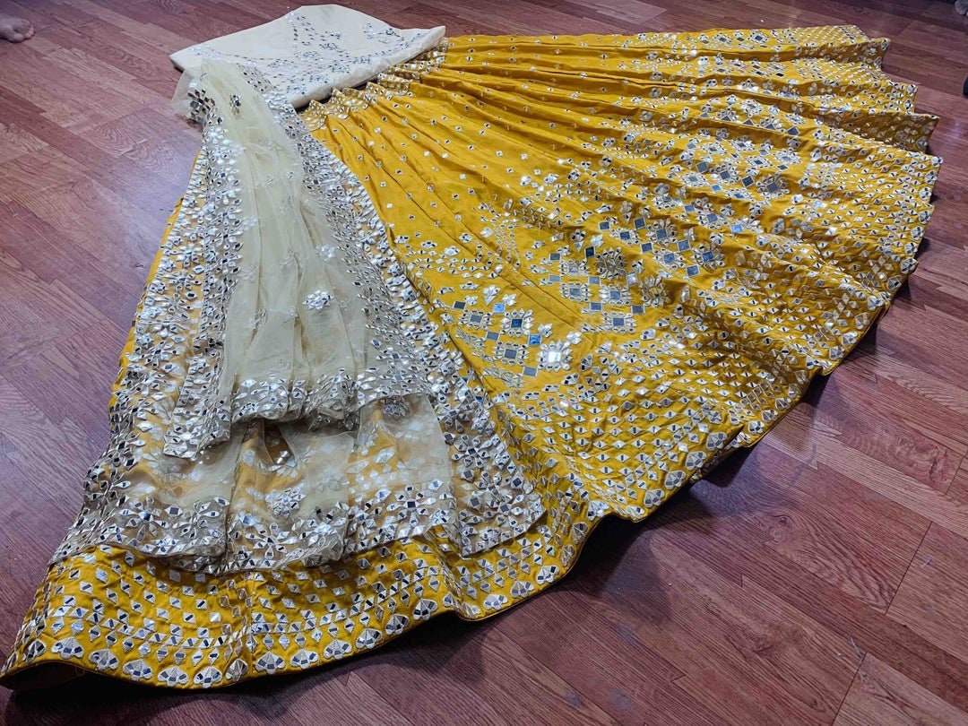 Cotton Thread,Jari,Sequance Embroidery Work Lehenga Choli in Golden Yellow  Mono Net - LC4485