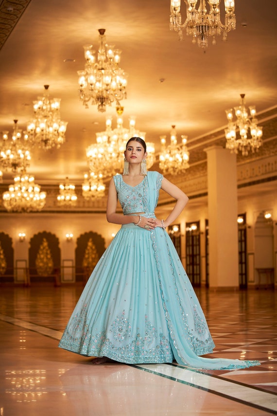 Light Blue Lehenga with Embellished Long Sleeve Blouse – Studio East6 | Light  blue lehenga, Blue lehenga, Blue indian dress