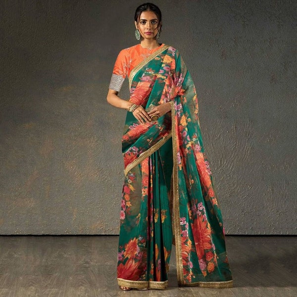 Floral Sarees For Women, Bollywood designer Celebrity Style Party Wear Saree Indian Wedding Bridal Sari With Embroidered Blouse Bridesmaid