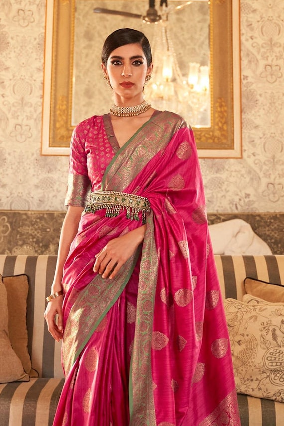 Pink Banarasi Saree Designer Party Wear Sari Indian Traditional Sarees  Wedding,festive Wear Sari Blouse Latest Stylish Belt Style Saree 