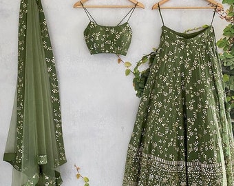 Diseñador verde Georgette lehenga Choli para mujeres boda india Mahendi función usar Ghagra Choli fiesta tradicional usar listo para usar Chol