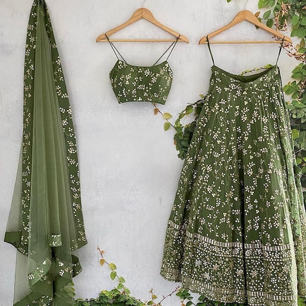 Designer Green Georgette Lehenga Choli Pour Femmes Mariage Indien Mahendi Fonction Wear Ghagra Choli Vêtements De Fête Traditionnels Prêt-à-Porter Chol