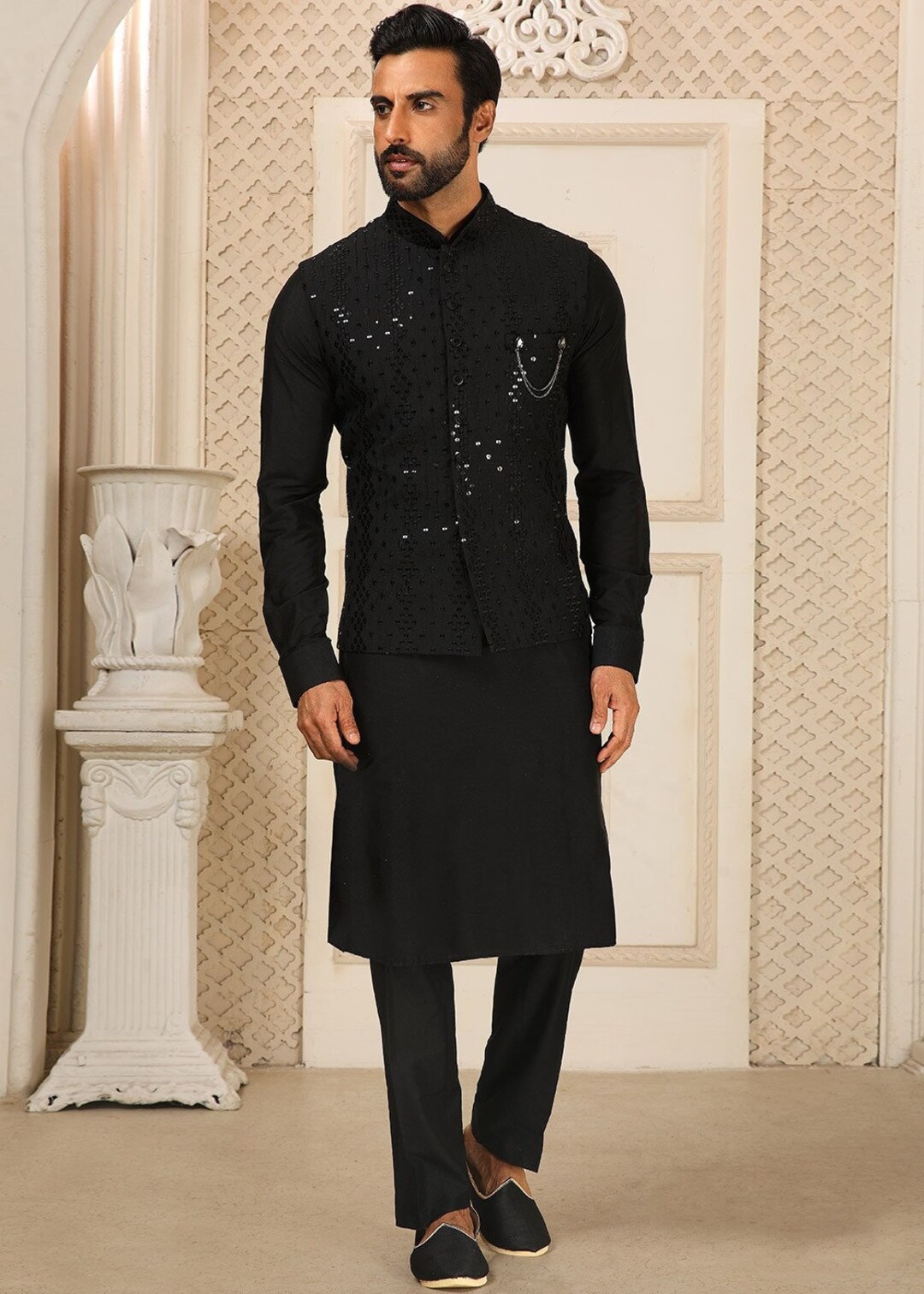 Black Kurta Pajama for Men Wedding Party Wear Indian Kurta Pajama Vest