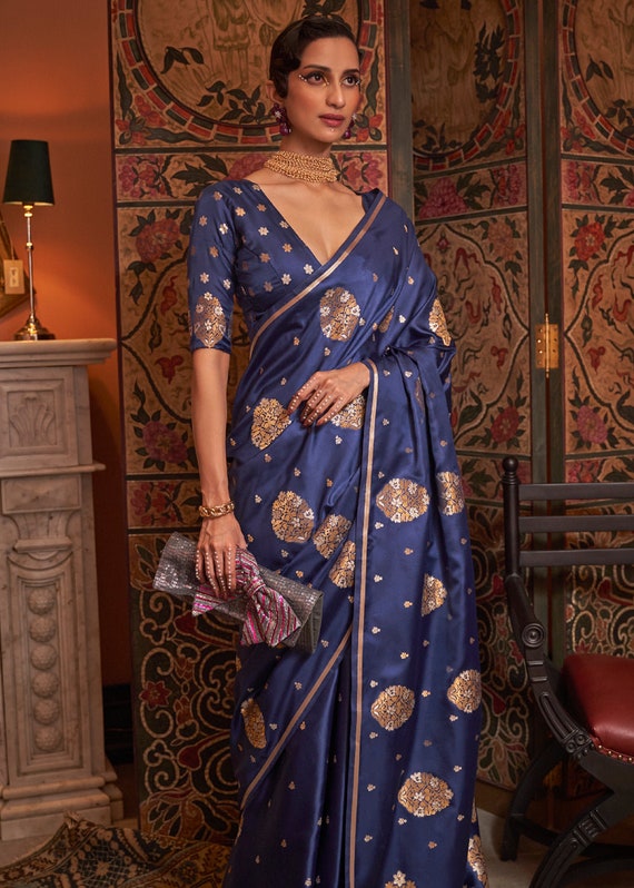 Admiral Blue Satin Silk Saree Designer Traditional Woven Silk Sarees Indian  Wedding,party Wear, Engagements, Reception Bridesmaids Gift Sari 
