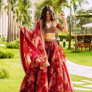 lehenga choli for women Red Organza silk wedding bridal lengha sari Designer Bollywood inspired latest trending ghagra choli with dupatta