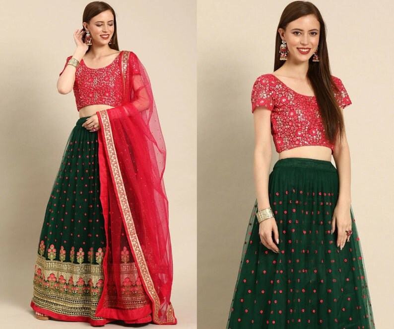 red green combination bridal lehenga