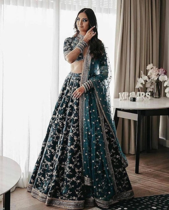 Blue Velvet Lehenga Choli Wedding Party ...