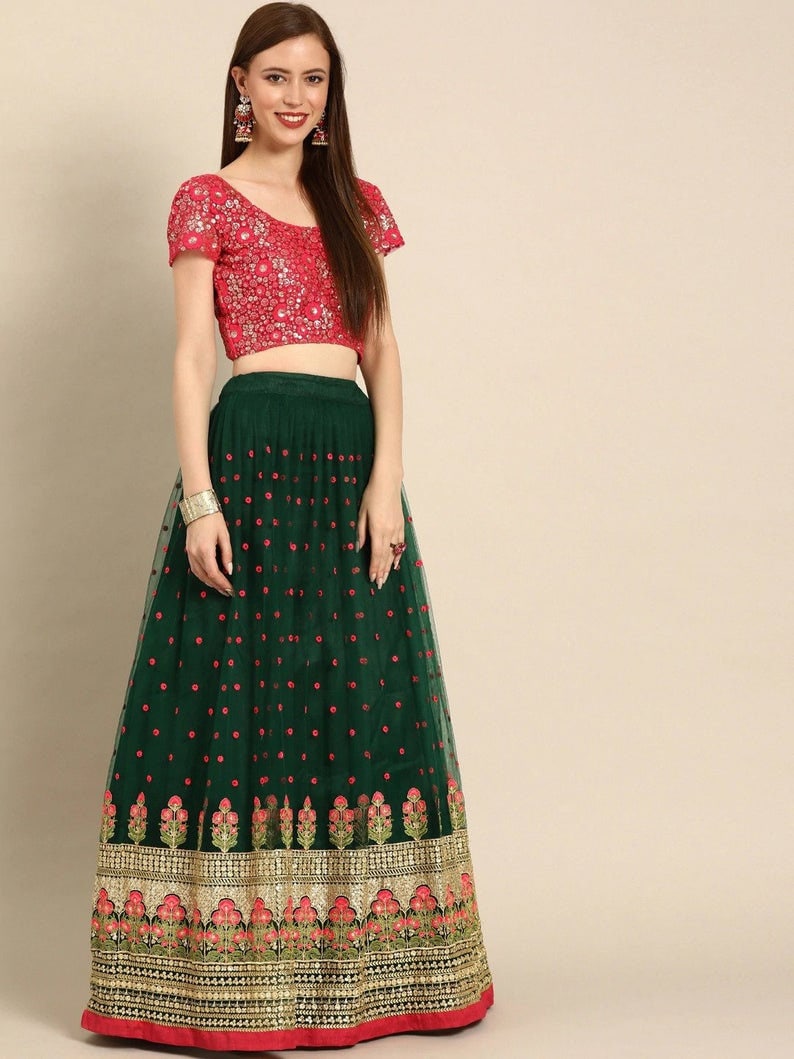 red green combination bridal lehenga