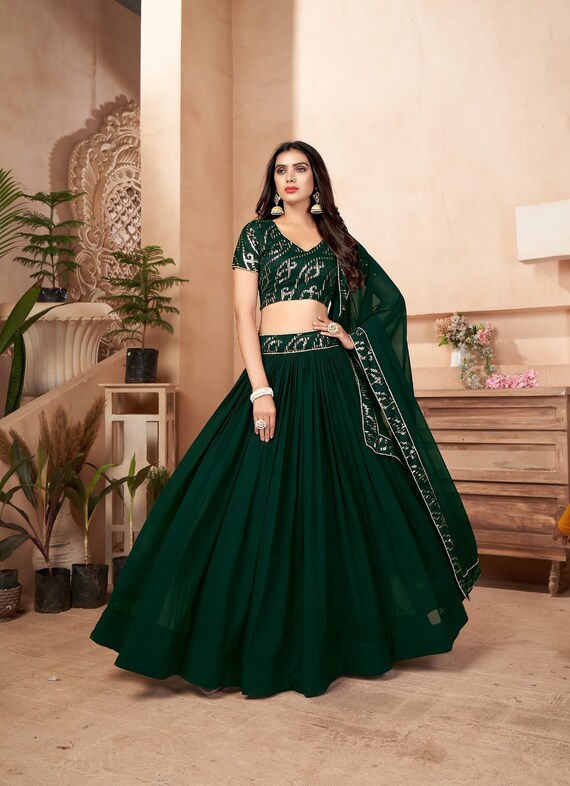 RE - Bottle Green Designer Party Wear Lehenga Choli - Party wear lehengas -  Lehengas - Indian