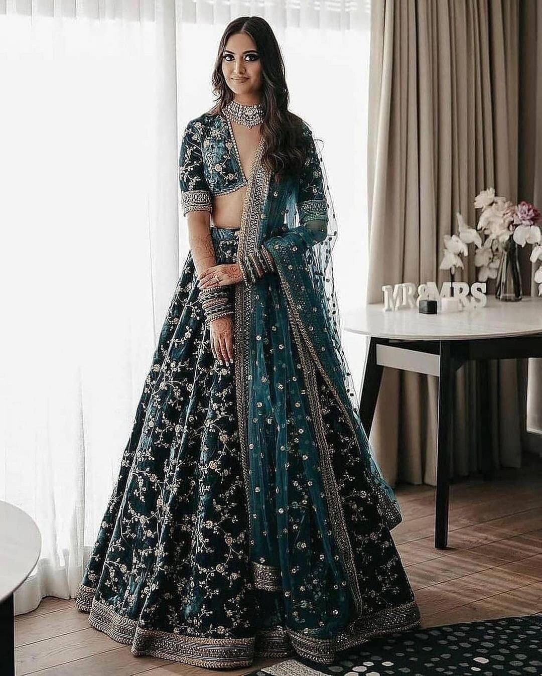 Blue Velvet Lehenga Choli Wedding Party ...