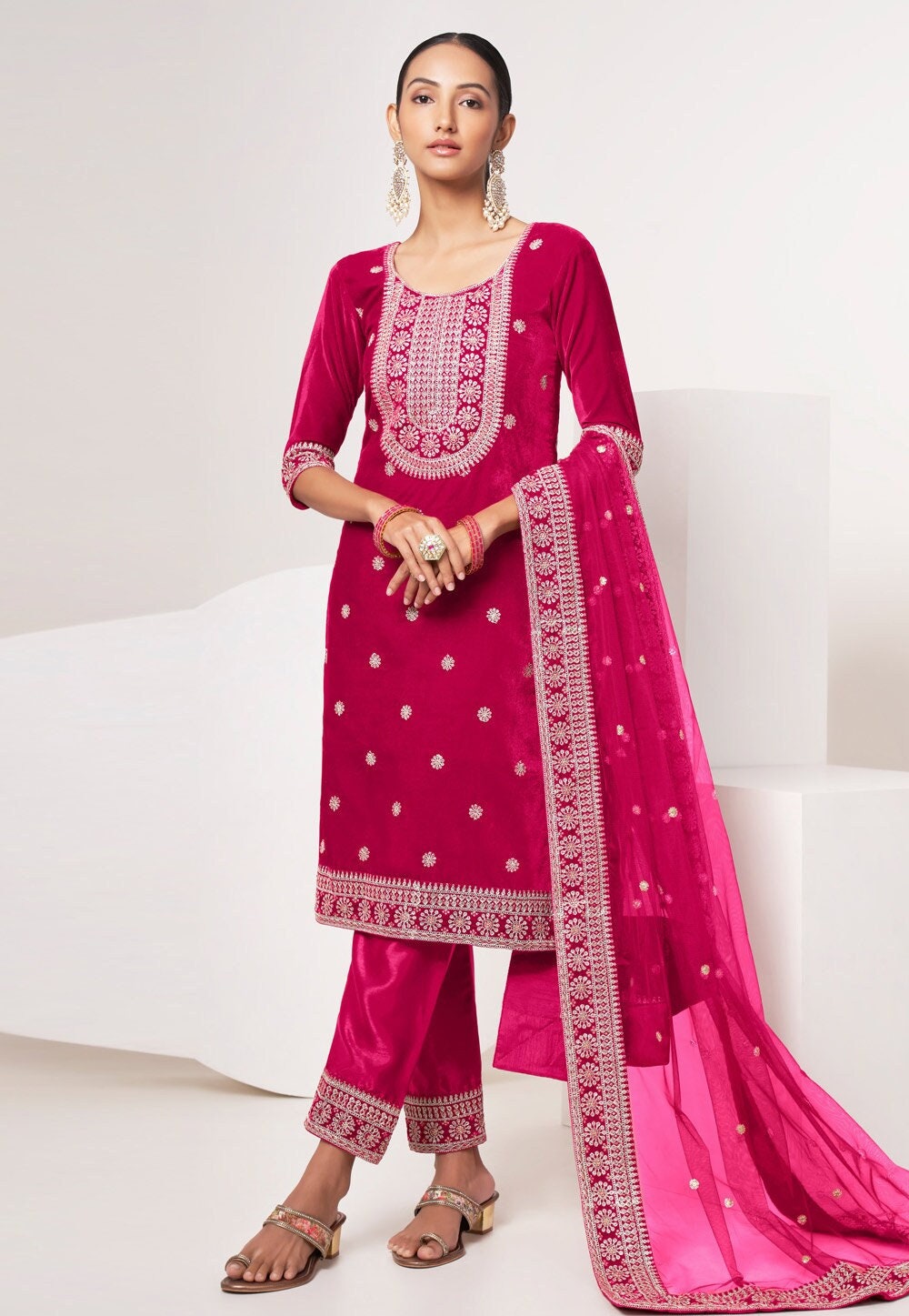 Onion Pink Color Mirror Work Punjabi Salwar Suit