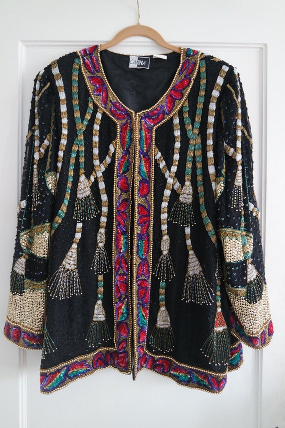 Fully Beaded and Sequined Silk Jacket by Carina 2X