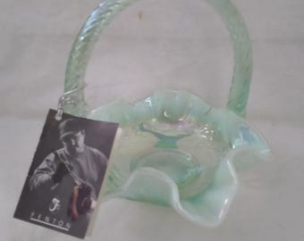 Fenton Glass basket, 95 sticker and tag, pale green