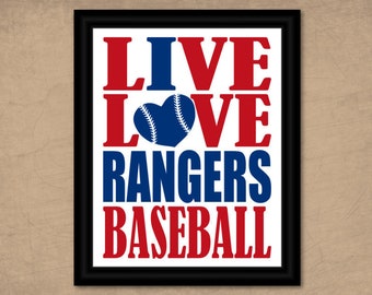 Texas Rangers Wall Art Baseball Printable Sports Fan Gift Idea Live Love I Heart Team Color Print 8x10 Instant Download