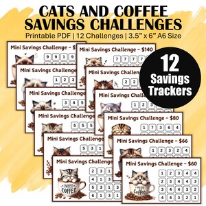 Pode incluir: Doze rastreadores de poupança imprimíveis com tema de gatos e café. Cada rastreador apresenta uma ilustração fofa de gato e uma grade de números para rastrear as metas de poupança. Os rastreadores são projetados para um tamanho de 3,5 polegadas por 6 polegadas.