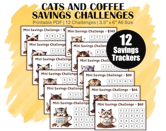 Low Income Savings Challenge Trackers, Printable A6 Mini Money Saving Challenge Bundle, Save 1021 With 12 Cute Cats & Coffee Saving Trackers