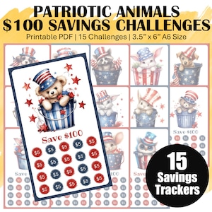 Low Income Savings Challenge Trackers, Printable A6 Mini Savings Challenge Bundle, 15 Cute Patriotic Animal Money Saving Challenge Trackers
