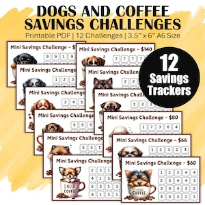 May include: Twelve printable dog and coffee themed savings trackers. Each tracker features a different dog breed and a coffee cup with the text "I need coffee". The trackers are designed to help you save money for a specific goal. The trackers are 3.5 inches by 6 inches and are printed on A6 size paper.