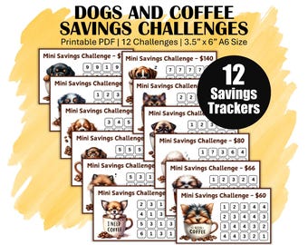 Low Income Savings Challenge Trackers, Printable A6 Mini Money Saving Challenge Bundle, Save 1021 With 12 Cute Dogs & Coffee Saving Trackers