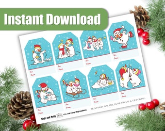 8 Printable Christmas Gift Tags, Cute Playful Snowmen, Colorful Labels for Holiday Presents, Xmas Gift-Giving Tags, Digital Download PNG