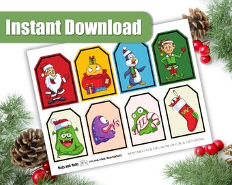 8 Christmas Gift Tags, Colorful Cartoon Characters, Santa Elf Penguin Silly Monsters, Print Your Own Gift Tags, Printable Instant Download