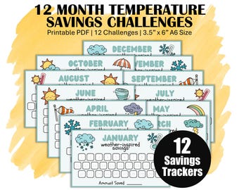Low Income Monthly Savings Challenge Trackers, 12 Temperature Money Saving Challenges, Weather-Inspired Printable A6 Mini Saving Tracker Set