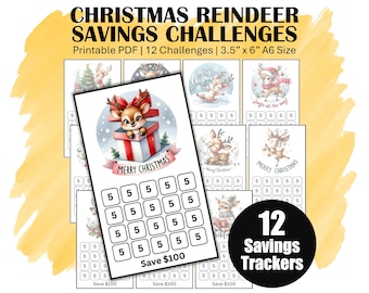 Low Income Christmas Savings Challenge Trackers, Printable A6 Mini Savings Challenges, Save For Christmas With 12 Cute Reindeer Trackers