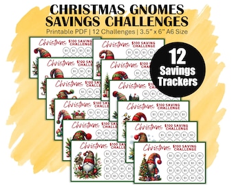 Low Income Christmas Gnomes Savings Challenge Trackers, Printable A6 Mini Savings Challenge Bundle, 12 Cute Christmas Gnomes Saving Trackers