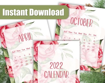 2022 Printable Wall Calendar, Pink Floral Monthly Calendar for Frame Planner Insert Refills, US Letter Portrait Vertical, Sunday Start PDF