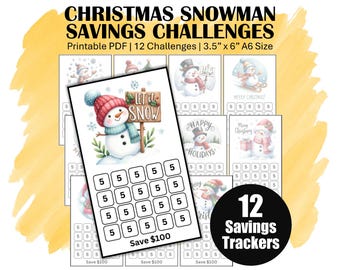 Low Income Christmas Savings Challenge Trackers, Printable A6 Mini Saving Challenge Bundle, Save For Christmas With 12 Cute Snowman Trackers