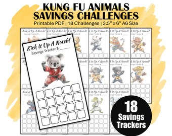 Mini Savings Challenge Trackers, Printable A6 Sized Savings Challenges, You Choose Amount, Money Saving Challenge Bundle, 18 Kung Fu Animals
