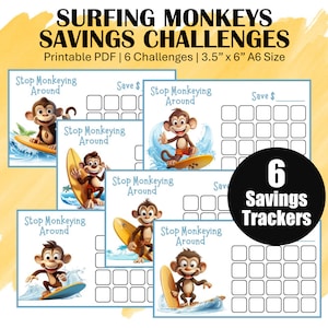 Pode incluir: Seis rastreadores de poupança imprimíveis com um macaco de desenho animado a surfar. Cada rastreador tem o título "Stop Monkeying Around" e um espaço para escrever uma meta de poupança. Os rastreadores são projetados para um tamanho A6 de 3,5 polegadas por 6 polegadas.