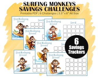 Mini Savings Challenge Trackers, Printable A6 Sized Savings Challenges, You Choose Amount, Money Saving Challenge Bundle, 6 Surfing Monkeys