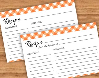 Orange Gingham Recipe Cards, Printable Two Sizes 6x4 7x5, One-Sided Two-Sided, Back Card and From the Kitchen Of Options DIY Digital PDF PNG