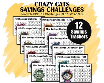 Low Income Savings Challenge Trackers, Printable A6 Mini Money Saving Challenge Bundle, Save 1021 With 12 Cute Crazy Cats Saving Trackers