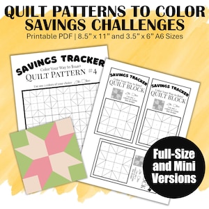 May include: Printable quilt pattern savings challenges. The image shows a quilt block design in pink, light pink, and green. The text reads "Savings Tracker" and "Quilt Pattern #4". Includes full-size and mini versions.