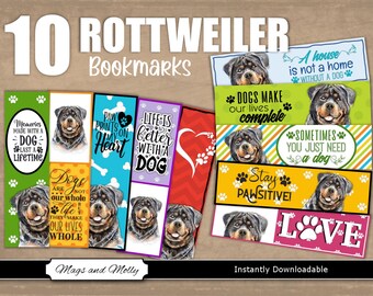 Rottweiler Printable Bookmarks with Dog-Themed Quotes. Set of 10 colorful bookmarks with Rottweiler images. Digital download to print now.