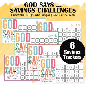Low Income Savings Challenge Trackers, Printable A6 Mini Savings Trackers - God Says You Are, 6 Scripture-Based Challenges to Save 543, PDF