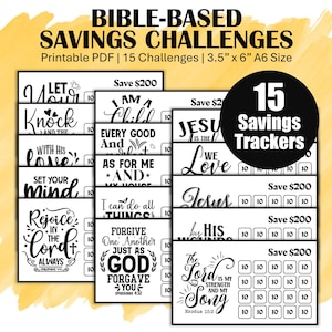 Bible Verses Savings Challenge Trackers, Printable Low Income Money Saving Challenges, A6 Mini Challenge, 15 Christian Scripture Quotes, PDF