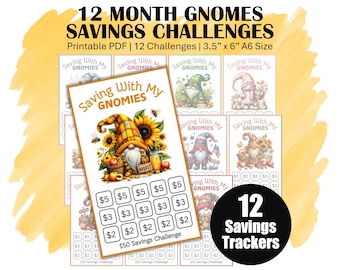 Low Income Monthly Savings Challenge Trackers, Printable A6 Money Saving Challenge, Save 600 With 12 Cute Saving With My Gnomies Trackers