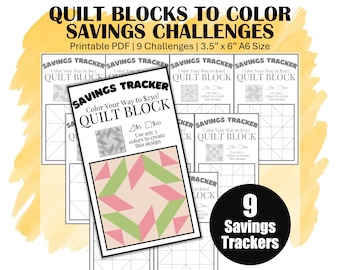 Low Income Savings Challenge Trackers, Printable Color-By-Number Quilt Block A6 Mini Savings Challenge Bundle, 9 Money Saving Trackers